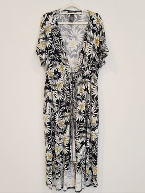 Karen Kane Tropical Print Tie Front Open Maxi Cardigan